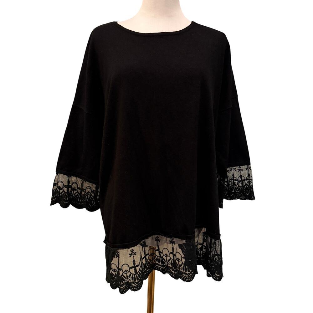 Marble Black Lace Trim Tunic Top Goth Dark Academia Boho XL Artsy Lagenlook